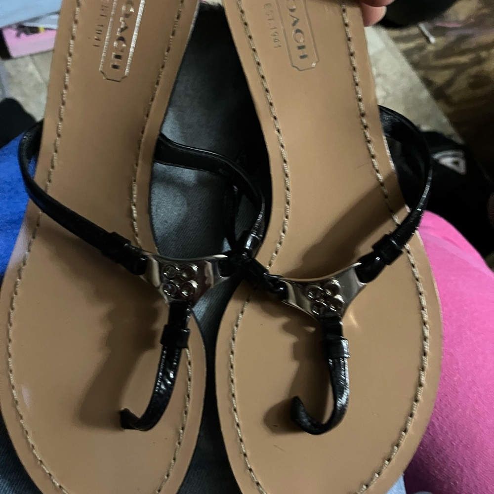 Coach Black and Tan Sandals with Metal Accent